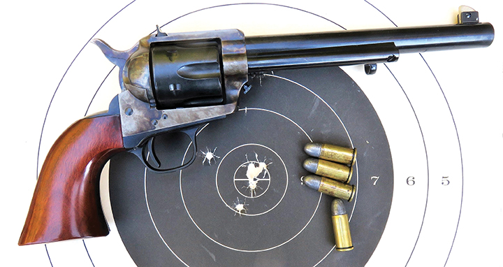 A five-shot group, fired offhand, with Mike’s Flat-Top shooting 44 Russians.